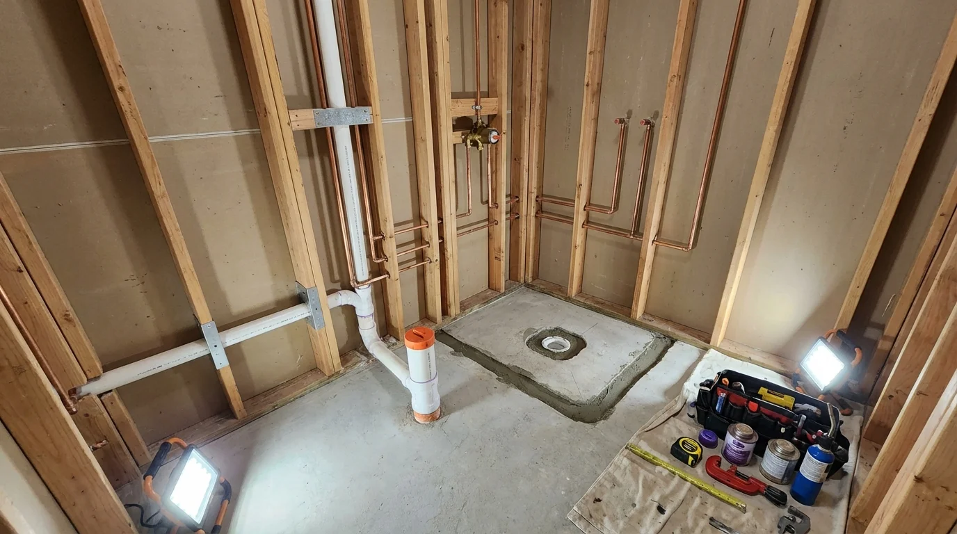 Bathroom rough-in plumbing during remodel by Johns Plumbing LLC in Meadow Vista