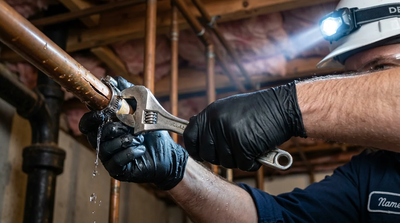 Emergency pipe clamp repair being performed by a Johns Plumbing LLC plumber in Meadow Vista