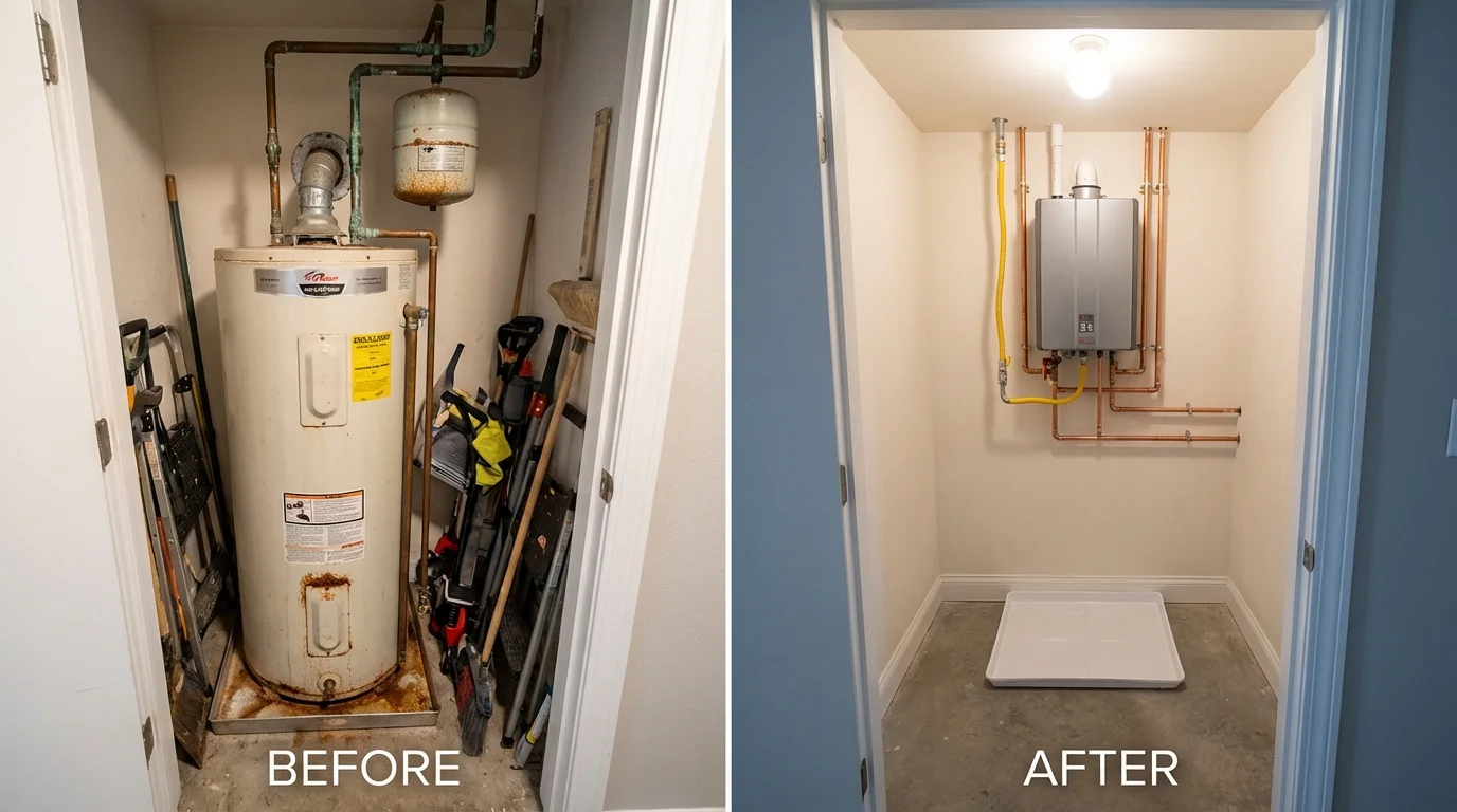 Tank water heater versus wall-mounted tankless unit comparison for Meadow Vista, CA homeowners