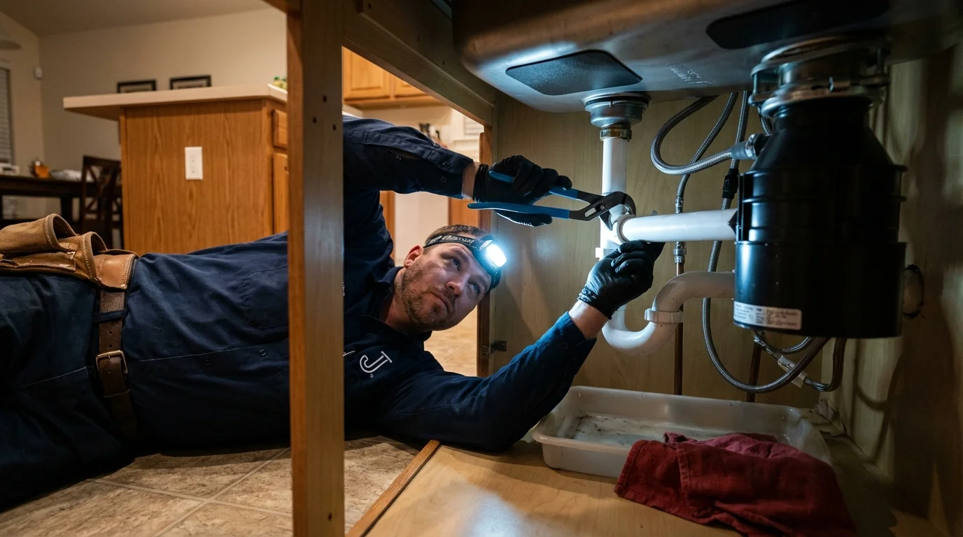 P-trap and supply line connections under a kitchen sink showing a common leak point in Meadow Vista, CA